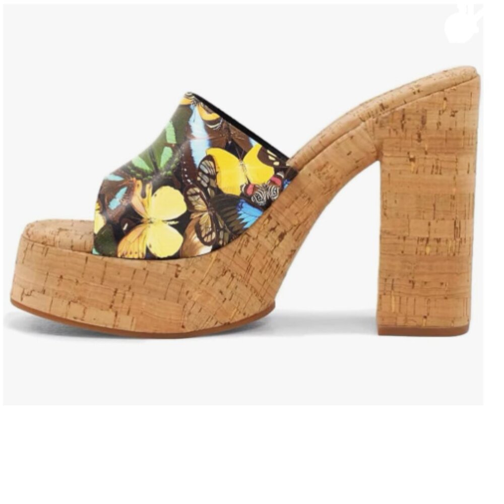 FOWT Brown Butterfly Cork High Chunky Heel Platform Mules for Women Sandals